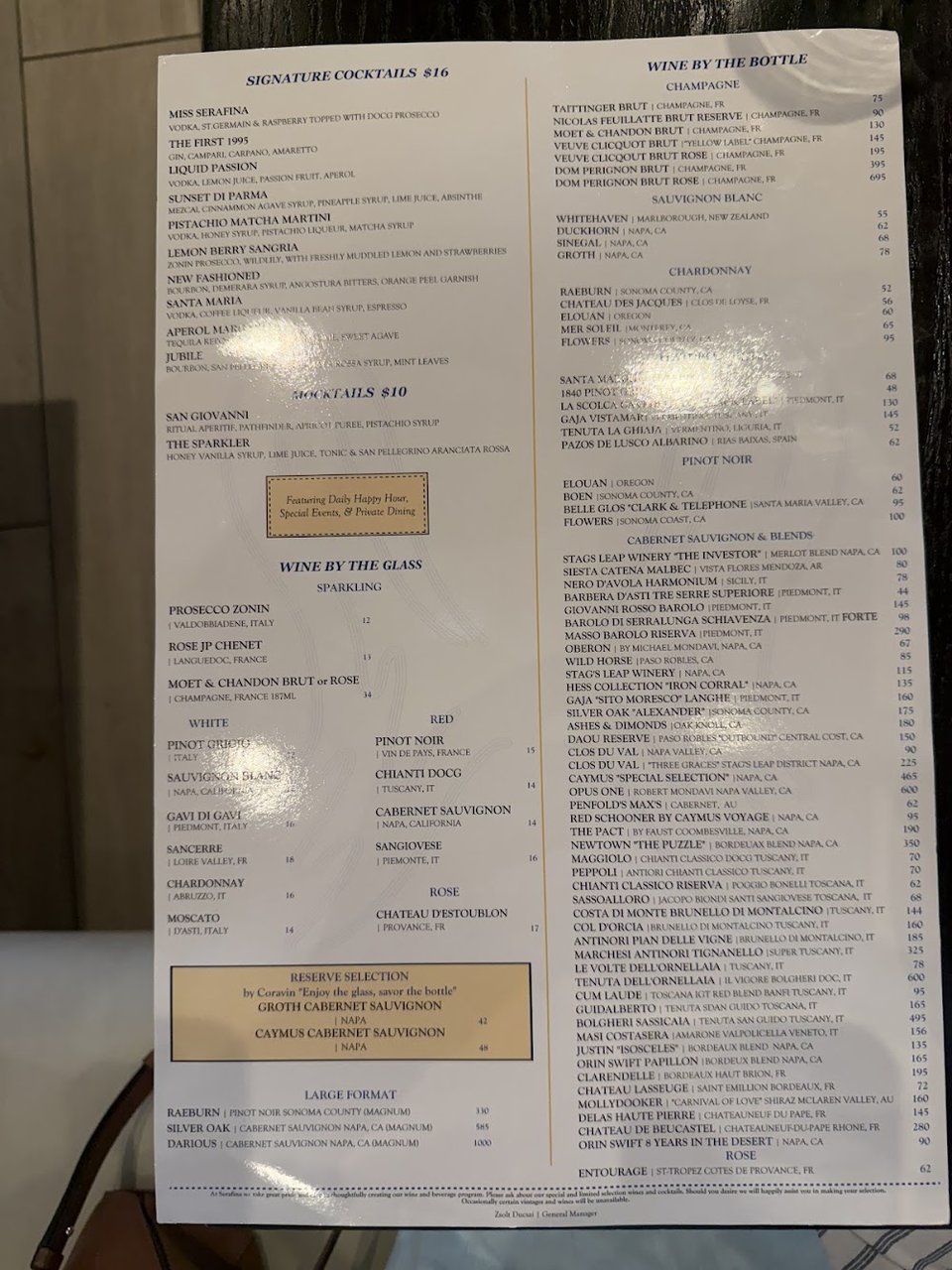 Menu layout for brunch, dinner, and cocktails.